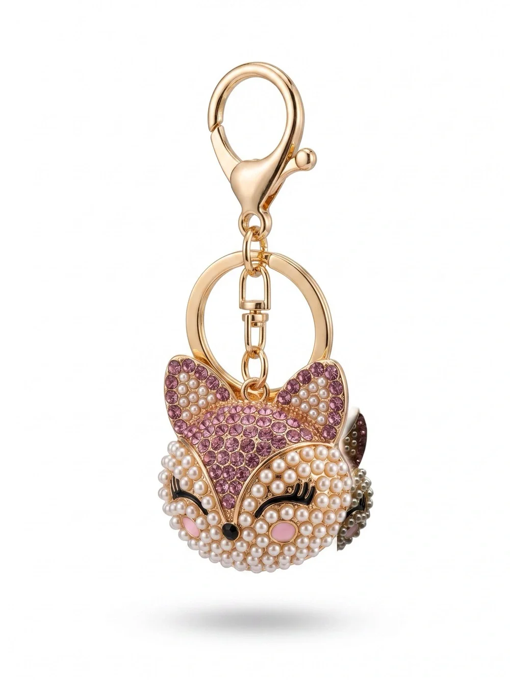 Pink Pearl Fox Rhinestone Keychain Bag Charm Gold Tone NWOT